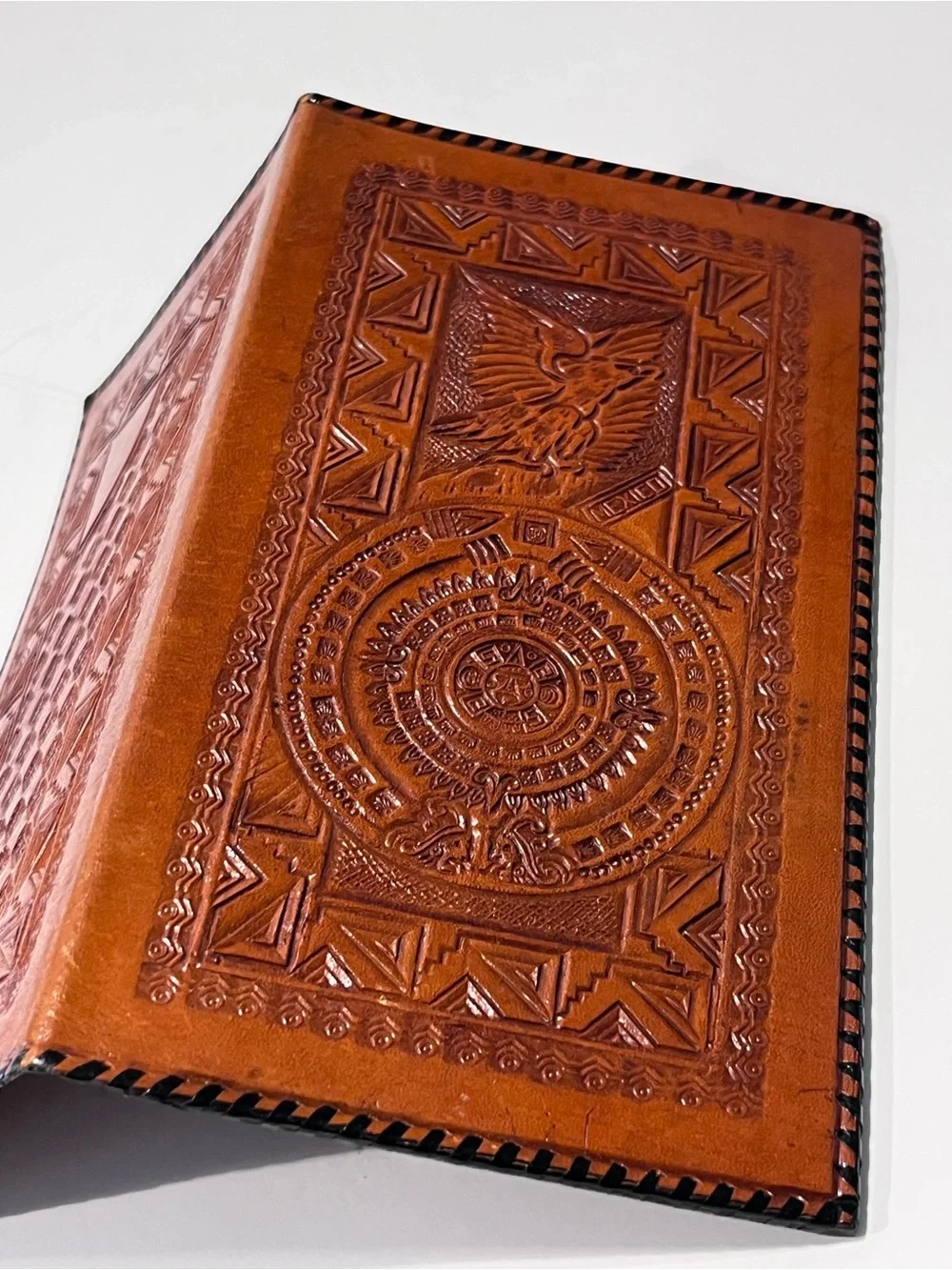 Vintage Handcrafted Leather Aztec Calendar Embossed Wallet & Check Book